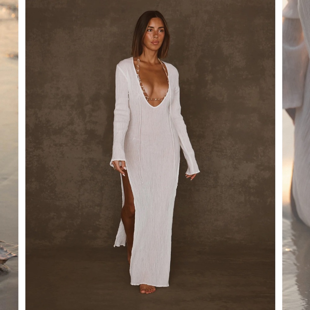 White Long Sleeve Swim Coverup Maxi